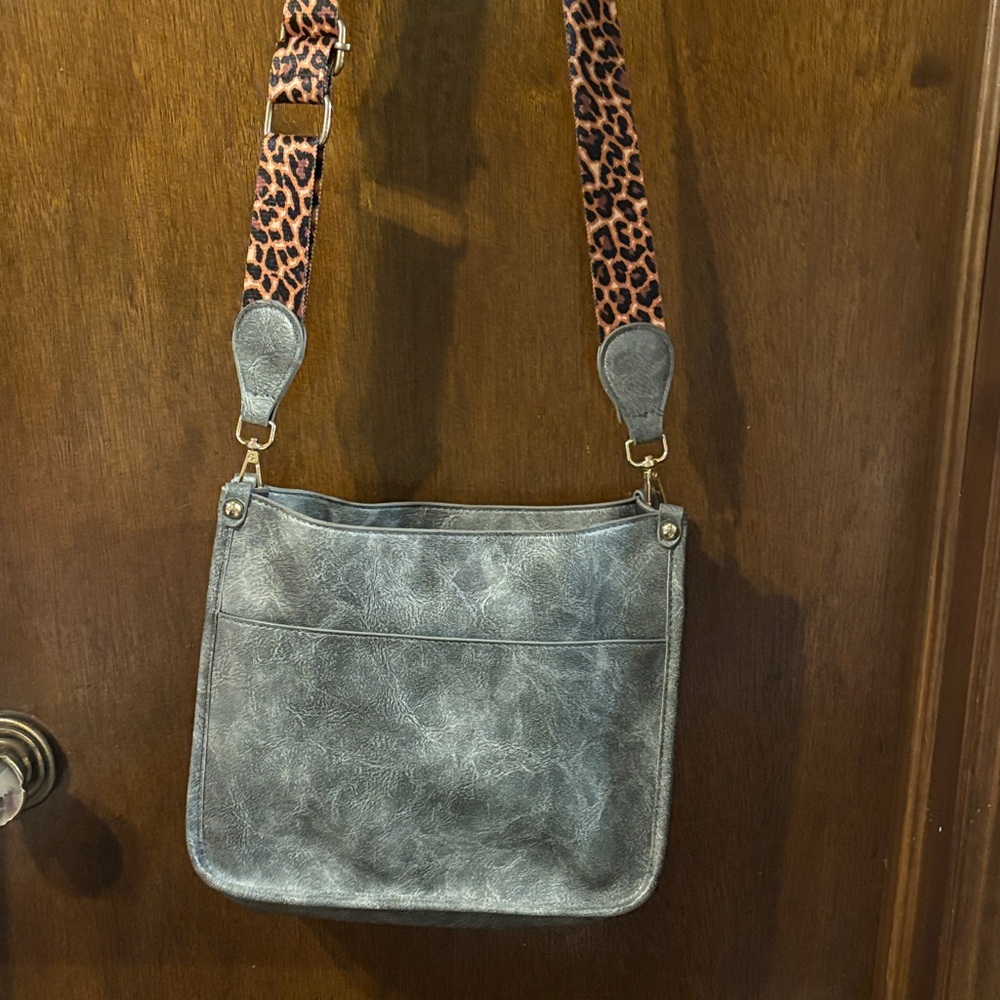 Gray Faux Leather Shoulder Bag with Leopard Strap